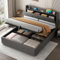 4ft6 Double Bed Frame with Hydraulic Lever and Storage Concealed Headboard, PU Leather Upholstered Ottoman Storage Bed with USB Charging Station and LED Lighting, Gas Lift Up Bed, No Mattress, Grey