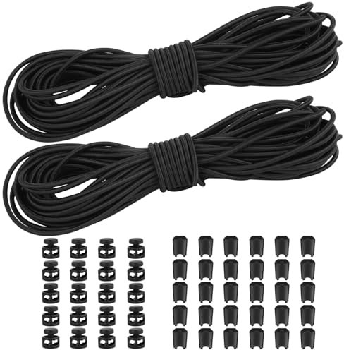 RISF 2 Pièces 10m Cordon Elastique de 3 mm, Ronde Cordon élastique en Caoutchouc, Corde Elastique 3mm avec Stoppeur de Corde 2 Trous et Pince à Corde pour Cordon de Serrage Sac à Dos, Vêtements