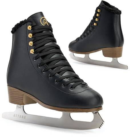 ATTABO Eiskunstlauf Schlittschuhe Damen ISLA Schwarz Größe 38EU Edelstahlkufe Ideal für Anfänger oder Fortgeschrittene PVC Obermaterial Starker Knöchelschutz und Stabilität beim Fahren auf dem EIS