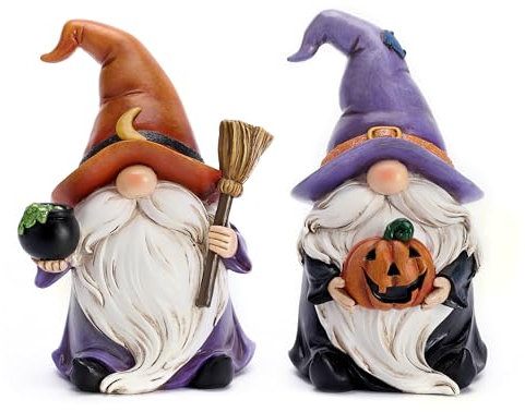 Valery Madelyn 2er Set Halloween Deko Statuen mit Kürbis und Besen, 9cm Harz Halloween Zwerg Figuren Ornamente
