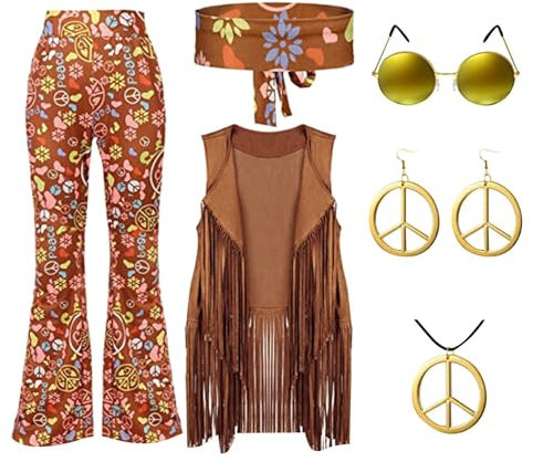 70er Jahre Hippie Outfit Damen Set mit Fransenweste Faschingskostüme Frauen Schlaghose Indianer Kostüm Cowboy Cowgirl Weste Karneval Kleidung Accessoires Stirnbänder Brillen Ohrringe Halsketten