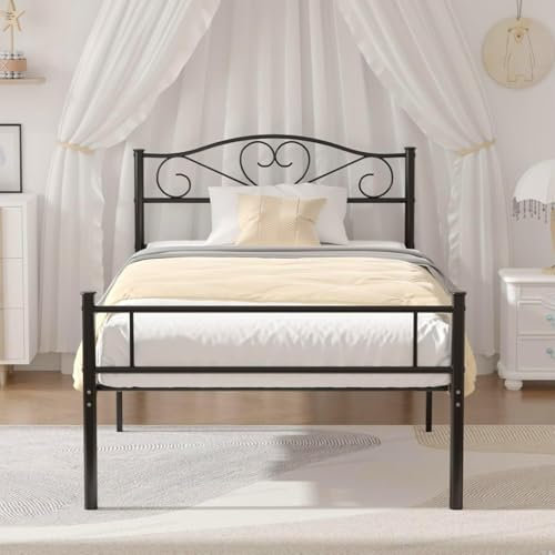 VECELO Cadre de Lit 90 x 190cm, Lit Simple en Métal Pas Besoin de Sommier Assemblage Simple Grande Espace en Lattes, Noir