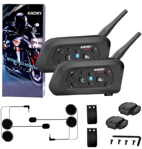 XiNOWY V6 Pro Intercom Moto Casque Bluetooth, Communication Mains Libres pour 6 Riders, 1200m, DSP/CVC Réduction du Bruit, Qualité Sonore HD, IP67 Résistant à l'eau, pour Moto/Vélo/VTT (Pack 2)