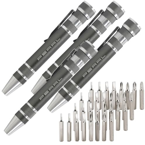 PEARL Brillen Schraubenzieher: 4er-Set 8in1-Schraubendreher im Kugelschreiber-Design (Schraubenzieher-Stifte, Schraubendreher Stifte, Uhren)