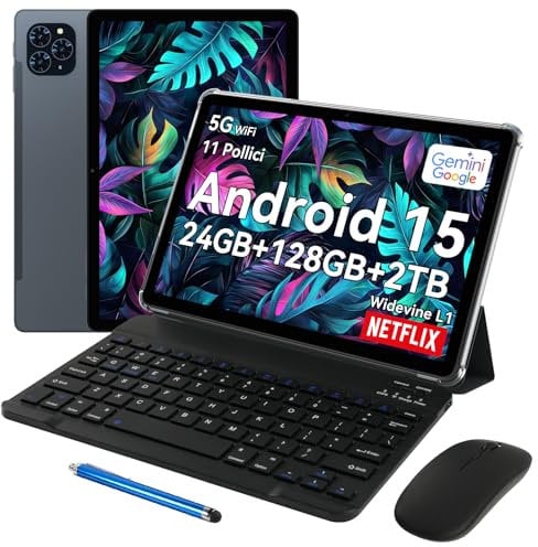 TABWEE T90 Android 15 Tablet mit Tastatur - Gemini AI, 24GB RAM+128GB ROM, Octa Core T615, Gaming Tablet 11 Zoll, 1920x1200 FHD+IPS, 8000mAh Akuu, 13MP+5MP KI Kamera, 5G WiFi, Widevine L1, GPS