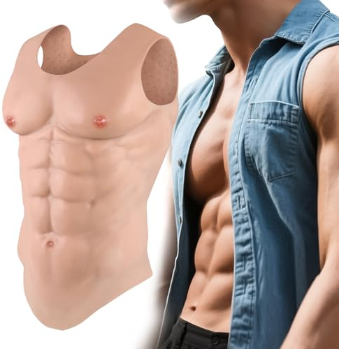 YEEFAIRY Silikon Muskelweste Realistische Bauchmuskeln & Brustpanzer Unisex Bodybuilding Männliche Muskeln Fancy Kleid Kostüm für Theater Schauspieler Halloween LARP Cosplay (Natur, Größe L)