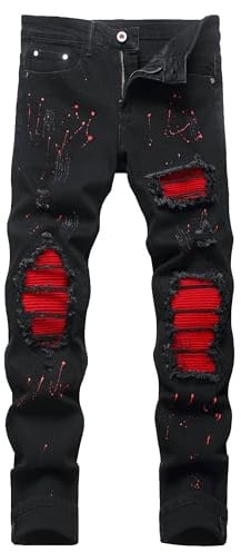 OIIIO Men's Patch Ripped Stretch Regular Fit Jean, 6667 Black, 30