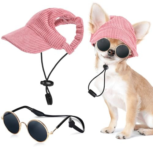 Jadive Hunde Sonnenhut mit Ohrlöchern Katze Hunde Sonnenbrille mit Rutschfestem Silikonband Verstellbarer Haustier Baseballmütze Sommer Sonnenschutz Hut für Welpen Foto-Requisiten(Rosa,Medium)