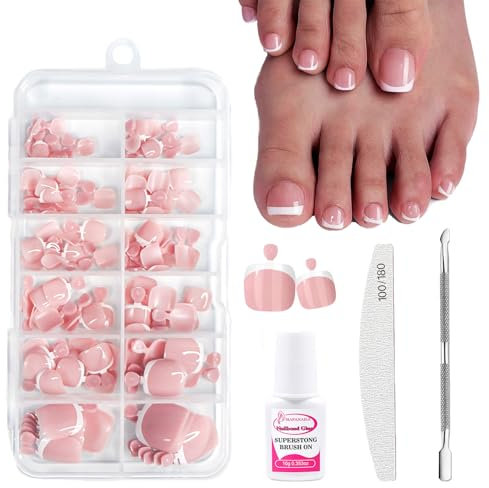 120PCs French Tip Fake Toe Nails Kit - Nude Pink Short Square False Toenails Set - Artificial Acrylic Stick on Toenails with Glue & Nail File - Full Cover Glue on Nails for Women Gilrs