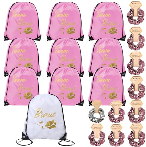20 Stück JGA Party Zubehör, Team Bride Turnbeutel mit Kordelzug, Braut Tasche Set mit Haargummis, Team Bride Rucksack Set, Brautparty Geschenke für Verlobung JGA Hochzeit, Rosa