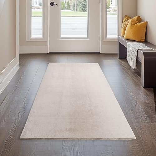 Carpetsale24 Kurzflor Teppich Läufer Flur 60 x 100 cm Creme - Teppich Waschbar, rutschfest, Weich, modern einfarbig Design - für Wohnzimmer, Schlafzimmer, Küche, Esszimmer