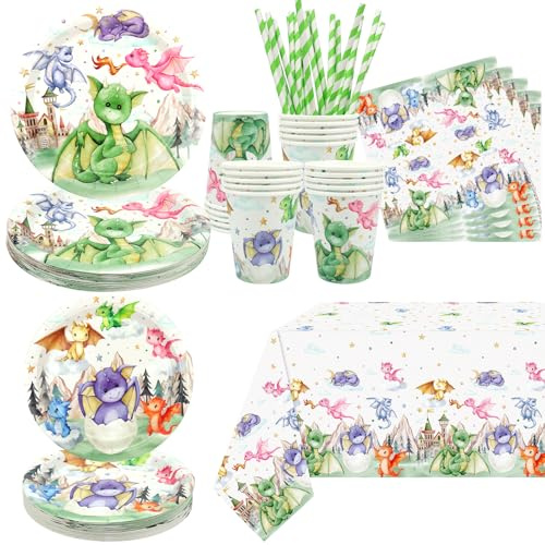 Drachen-Geburtstagsparty-Zubehör, einschließlich Teller, Becher, Servietten, Tischdecke, Strohhalme, für Kinder, Jungen, Mädchen, Geburtstagsparty-Dekorationen für 20 Gäste