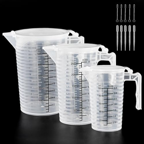 Juego de 3 tazas medidoras de 100 ml, 250 ml, 500 ml, de plástico transparente, con tapa, 3 pipetas de 3 ml, 3 varillas mezcladoras para cocina, cocina, hornear