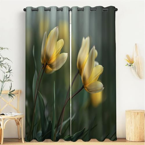 GSAEIMCT 3D Gedruckt Gardine Vorhänge - Gelbgrün Tulpen Im Gras - 2 Stück Mit Ösen Ätherische Textur Schiebevorhänge Polyester Für Schlafzimmer Wohnzimmer Balkon Fensterdekoration 137X117 cm(H X B)
