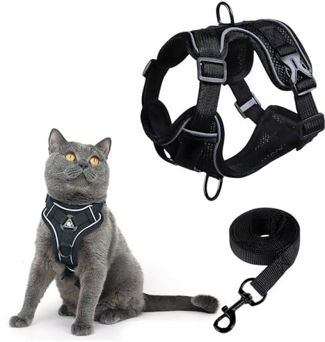 MOTIBACK Katzengeschirr mit Leine, Ausbruchsicheres Katzenhalsband mit Verstellbarem Geschirr und Leine, Atmungsaktives Katzengeschirr mit Reflektierenden Streifen für Einfache Kontroll (S)