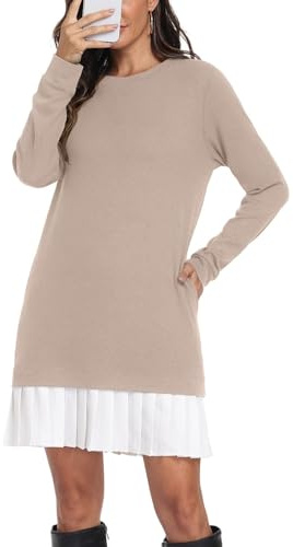 PrinStory Damen Kleider Pulloverkleid Mit Taschen Langarm Rundhals Freizeitkleider Herbst Winter Kleid