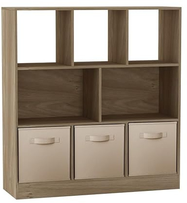 URBNLIVING Asymmetrical 8 Cube Oak Bookcase Storage Unit with 3 Fabric Drawer Inserts – Wooden Display Shelf for Home, Office, or Bedroom Organization Beige
