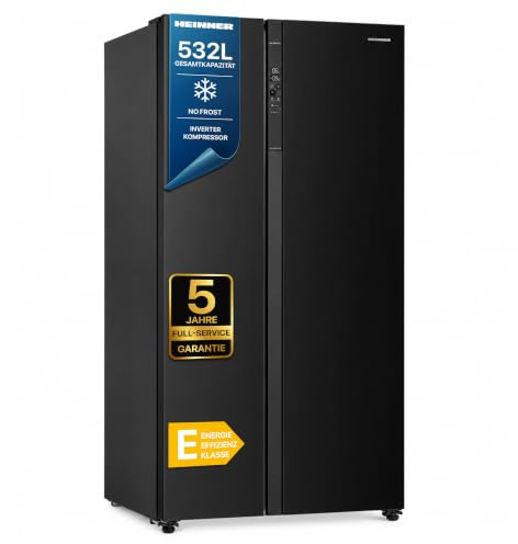 HEINNER HSBS-HM532NFBKE++ Side-by-Side Kühlschrank – 532 L, Full No-Frost, Inverter-Kompressor, LED-Display, Edelstahl-Design, Energieklasse E, 5-Jahres-Garantie
