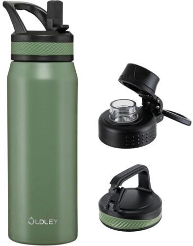 OLDLEY 750ml Insulated Water Bottle with Straw, Stainless Steel Water Bottles with 3 Lids & Handle, BPA Free Leakproof Thermal Metal Drink Flask Keep Hot and Cold for Sports, Gym, Hiking (Army Green)