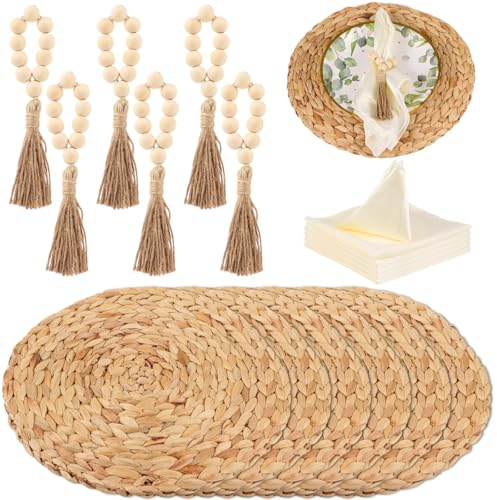 Calolin 6-teiliges Boho-Wasserhyazinthen-Set, runde geflochtene Tischsets mit Holzperlen-Serviettenringen & Dinner-Servietten, farmhouseartige, hitzebeständige Tischsets