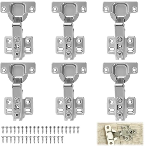 6 Pcs Cabinet Hinges, 110 Degree Kitchen Cupboard Hinges with 36 Screws, Mute Cabinets Hinge, Heavy Duty Cold Rolled Steel Hydraulic Hinge for Kitchen, Cabinet, Wardrobe, Bathroom, Furniture Doors