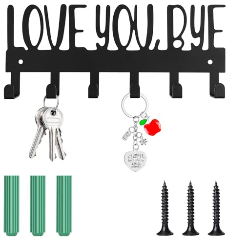 Leikedun Key Holder for Wall, Key Hooks Wall Mounted with 6 Hooks, Love You Bye Sign Metal Wall Mount Hanger Rack with 2pcs Nails & Caps for Living Room, Kitchen, Office