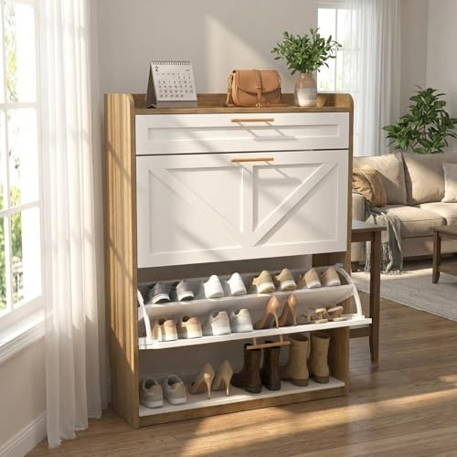 Msutree Schuhschrank im Landhausstil, Schuhkipper mit 2 Klappen und Schublade, Schuhaufbewahrung mit Holzplatte und verstellbaren Trennwänden, Flurschrank für 8-12 Paar Schuhe (Eiche)