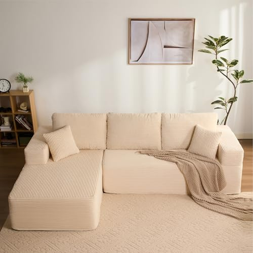 Litbird Modulares L-förmiges Ecksofa mit Schlaffunktion – rahmenloses Schlafsofa mit Chaiselongue Links, extra tiefer Sitzfläche, montagefrei, für Wohnzimmer,Beige