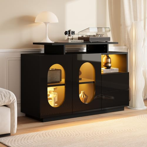kozamas Sideboard mit LED Beleuchtung und ovaler Vitrine, Moderner Schrank Schwarz Hochglanz für Wohnzimmer, Elegante Hausbar & Aufbewahrungsvitrine, 120x40x80 cm