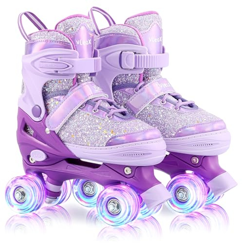 Vleox Kinder Rollschuhe, Verstellbare Quad Skates 4 Size Verstellbare und beleuchtete Rollen Rollschuhe für Mädchen Jungen, Geschenk, Drinnen und Draußen