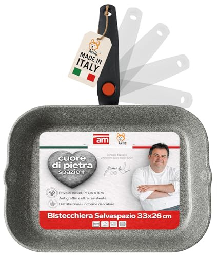 AKITAInk Bistecchiera Antiaderente Effetto Pietra - Grill per Carne e Verdure, Salvaspazio, Disponibile in Diverse Misure, Ideale per Uso Quotidiano (Bistecchiera Cuore di Pietra 33x26 cm)