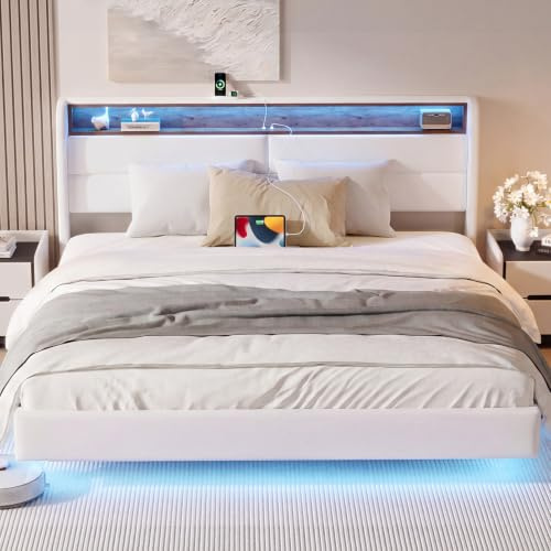 HAUSPROFI Bettgestell Polsterbett 180x200 cm – Schwebebett mit LED, Ladestation (2 USB + 1 Typ-C) & gepolsterter Kante, mit Stauraum – modernes Doppelbett + Lattenrost, PU-Kunstleder (Weiß)