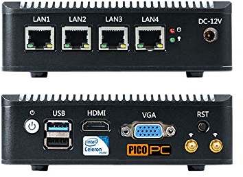 Intel Celeron Quad Core J1900 4 LAN PICO PC with WiFi, HDMI NIC Firewall Router Fanless Mini PC Desktop Computer (WiFi, 4GB RAM / 60GB SSD)