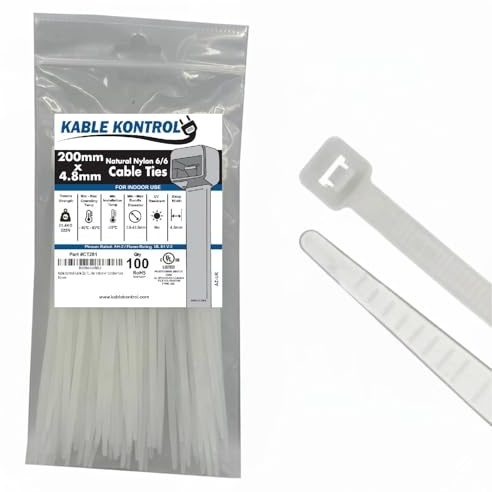 Kable Kontrol Natural White Cable Ties, 200 mm x 4.8 mm, Pack of 100, 8 Premium Nylon Zip Ties, Multi-Purpose Plastic Tie Wraps, Secure Self-Locking Mechanism, for Home, Garden, Office and DIY