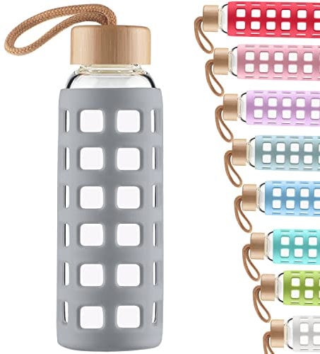 Cleesmil Sport Bouteille en Verre, Gourde Verre sans BPA avec Manchon en Silicone et Couvercle en Bambou 1000 ML (Gris)