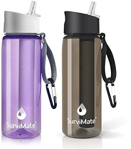 Gourde filtrée SurviMate - Gobelets sans BPA avec paille filtrante intégrée à 4 étapes pour le camping, la randonnée, les voyages, Noir/violet