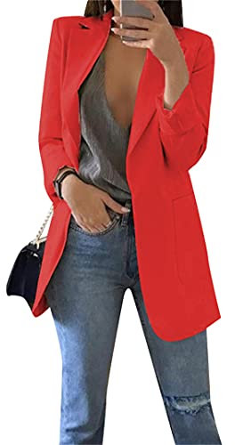 EFOFEI Damen Umlegekragen Business Blazer Büro Mantel Sommer Herbst Freizeit Coat Neue Frühlings Kurz Mantel Zeitloser klassischer Anzug Rot 3XL