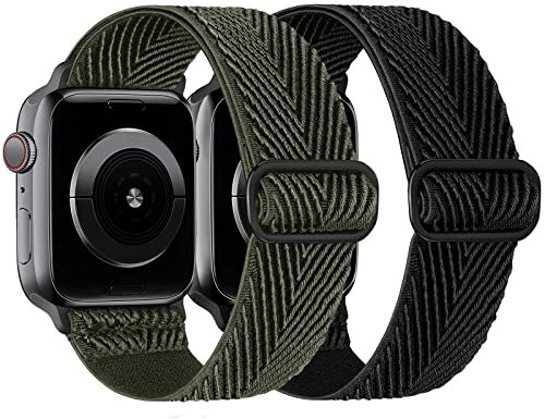 Elastisches Apple Watch Armband Kompatibel mit iWatch 42mm 41mm 40mm 38mm, Stoff Nylon Solo Loop Geflochtene Armbänder für Apple Watch Series 10/9/8/7/SE/6/5/4/3/2/1, Schwarz Grün