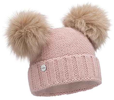 ELIMELI Winter Damen Mütze Mit Zwei Bommeln - Warme Wintermütze Mit Kunstfell Bommel - Slouch Beanie - Fleece Gefütterte Bommelmütze (Rosa)