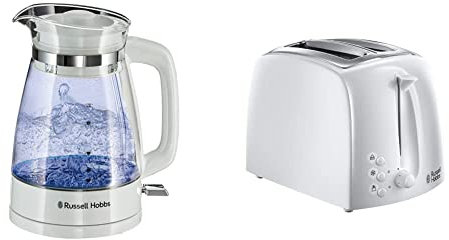 Russell Hobbs 26081 Classic Glass Kettle White & 21640 Textures 2-Slice Toaster, White