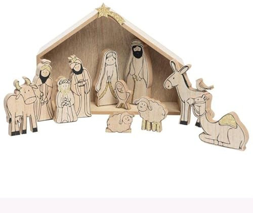 13-tlg. Set Weihnachtskrippe aus Holz mit Figuren - 25 x 19 x 6 cm (L/B/T) Krippe aus Holz - Tischkrippe zum Bemalen Krippefiguren aus Holz - Krippe zum Bemalen Holzkrippe Weihnachten Krippenfiguren
