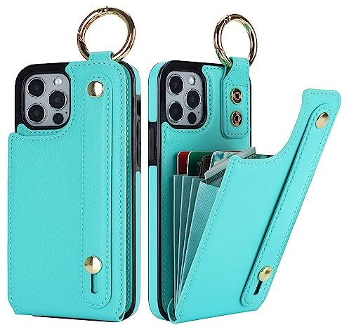Folosu for iPhone 12/12 Pro Wallet Case with Card Holder, Hand Wrist Strap Loop Holder Kickstand, RFID Blocking Finger Grip Ring PU Leather Double Buttons Shockproof Cover 6.1 Green