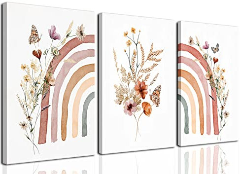 3xgerahmte Boho-Regenbogen-Leinwand-Kunstdrucke, niedliche Wildblumen, Regenbogen, Boho-Kinderzimmer, Wanddekoration für Mädchen, Wandkunst, Poster für Kinderzimmer, Dekoration, 40.6x61x3x3 x