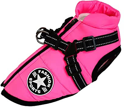 Hundeweste,Hundemantel Wasserdicht,Warme Weste mit Hundegeschirr Winter Warm und weich 9 Farben-Rosa M