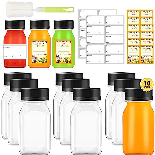 Grantop 10Pack 4oz/120ml Mini Clear Juice Bottles Set,Reusable Plastic Shot Bottles with Brush Stickers,Wide Mouth Empty Drink Bottles Containers with Lids for Mini Fridge, Milk, Water