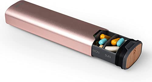 7 Tage großer Tablettenbox,Pillendose 7 Tage für unterwegs,Hochwertige,stilvolle Aluminium und Holz Pillenbox mit für Nahrungsergänzungsmittel, Pillen, Vitamine und Medikamente. (Satiniertes Rosa)