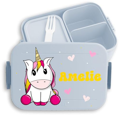 Kinder Bento Box Midi für Mepal Bentobox - Vesperdose Einhorn Lunchbox Unicorn I - 900 ml - Hellblau - brotdose jausenbox mädchen schule einhörnern name brotbox personalisierte