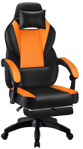 T-THREE.High-back ergonomic computer chair, gaming seat, office and study swivel chair, racing-style with adjustable lumbar and headrest support, 150kg capacity, includes footrest.(Orange)