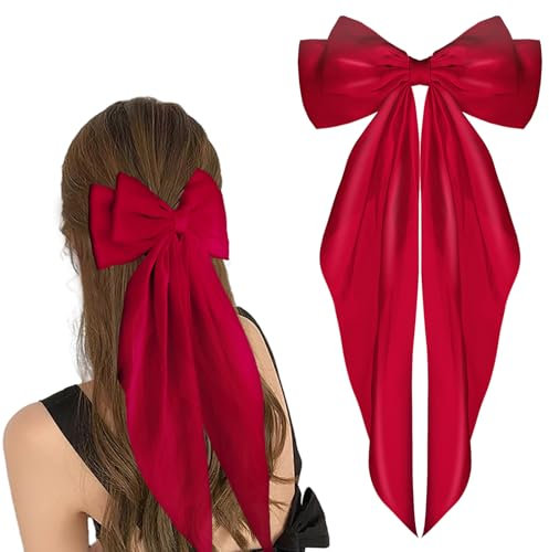 WLLHYF Barrettes à gros nœud à longue queue en ruban français - Épingles à cheveux en satin doux et soyeux - Accessoires des années 90 pour fête, Saint-Valentin, femme et fille (rouge vin)