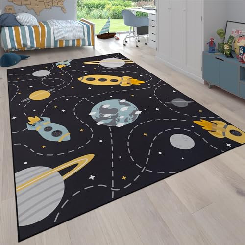 Paco Home Teppich Kinderzimmer Kinderteppich rutschfest Junge Mädchen Baby Spielteppich Rakete Planet Sterne Modern Waschbar Grau Blau Gelb, Grösse:200 cm Rund